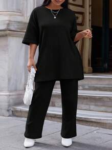 SHEIN Cottnline 2pcs/Set Women's  Plus Size  High-Low T-Shirt And Long Pants Set - Black - View 4