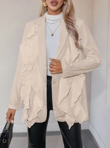 SHEIN Privé Nhọn Cổ áo tây Xù Hoa Sen Trang trí ren Bộ đồ Áo khoác - Màu Khaki - Xem 5