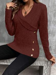 SHEIN LUNE Suéter de punto con botones de moda para mujer, para otoño e invierno - Óxido marrón - Ver 3