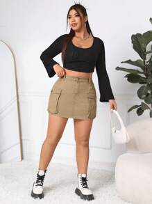 SHEIN EZwear 大尺碼女士短版牛仔工作短裙 - 卡其色 - 查看 6