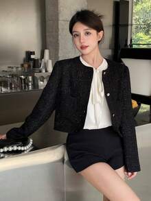 Dazy Star 素色前紐扣夾克 - 黑色 - 查看 3