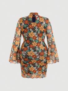 SHEIN MOD 大碼印花小高領喇叭袖木耳邊洋裝 - 綠色 - 查看 2