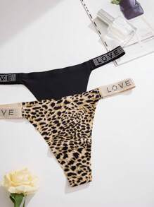 Shein Underwear&Sleepwear Basics Yoga 5pcs/Pack Women's Leopard Print & Letter And Rhinestone Decor Sexy G-String Underwear Sports