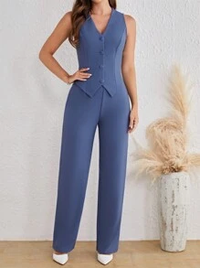 SHEIN Tall Women's Sleeveless Suit Set In Fall/Winter - Dusty Blue - View 3