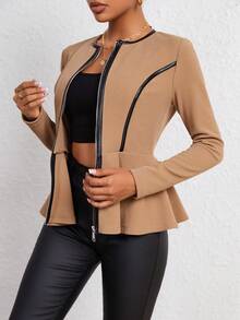 SHEIN Essnce Contrast Binding Zip Up Peplum Jacket - Khaki - View 6