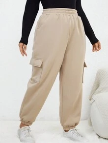 SHEIN LUNE 大碼側翻蓋口袋加絨內裏衛褲 - 卡其色 - 查看 5