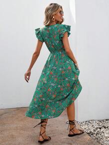 SHEIN VCAY Allover Floral Print Ruffle Trim Dress - Green - View 2