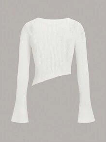 SHEIN ICON 女款單色不對稱下擺毛衣,帶有磨損細節 - 白色 - 查看 2