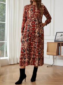 SHEIN Maternity Allover Print Belted Dress - Multicolor - View 5