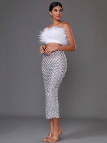 Modphy 羽毛仿真性感無肩帶鑲珠修身連身裙套裝 - 銀色 - 查看 8