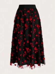 SHEIN LUNE Mesh Skirt With All-Over Floral Print Maxi Women Outfit