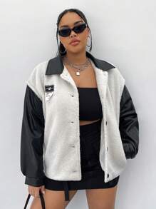 SHEIN EZwear Kích thước lớn Màu sắc Chặn Thả vai Tay áo Áo khoác - Đen và trắng - Xem 7