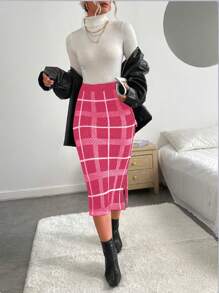 Chiquease Tkane Sprawdź & Pasek Robić na Drutach Spódnica midi - Wyrazisty róż - Zobacz 3