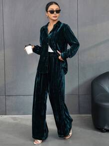 SHEIN Essnce 2入組女士鈕扣長袖衫和褲子套裝 - 墨綠色 - 查看 3