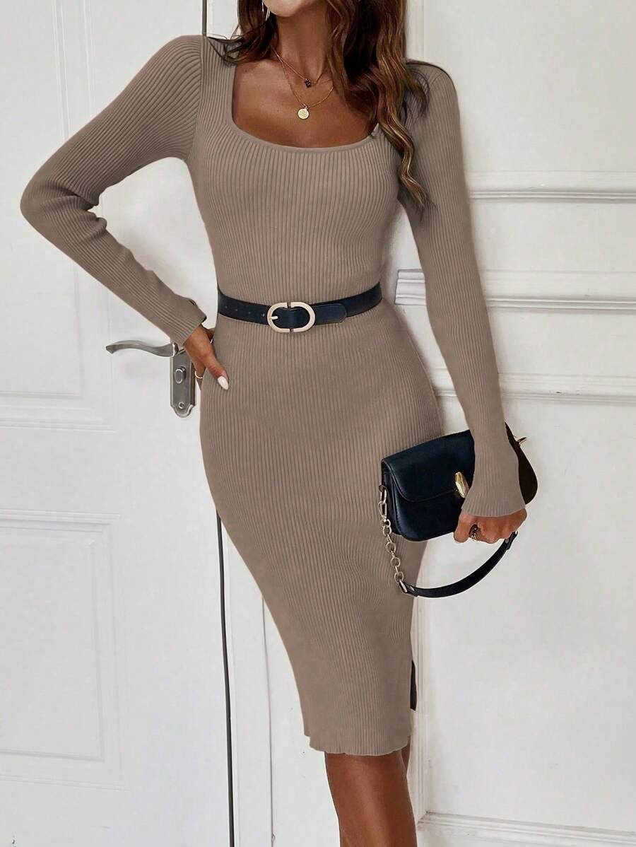 SHEIN Clasi 方領毛衣洋裝(無腰帶) - 卡其色 - 查看 1