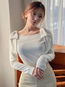 FRIFUL 女士針織肋紋t恤,搭配肩部蝴蝶結細節