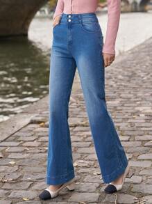 SHEIN Frenchy 高腰牛仔喇叭褲 - 中等水洗藍 - 查看 1