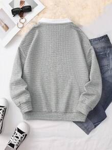 SHEIN EZwear Drop Shoulder Loose-Fit Crewneck Sweatshirt With Contrast Color Block Design - Grey - View 2