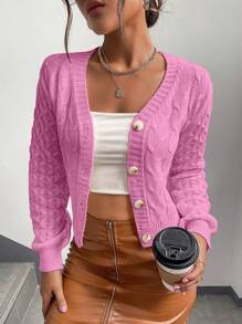 SHEIN Unity 女裝純色下肩釦前開衫毛衣 - 西瓜粉 - 查看 4