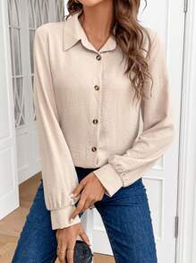 SHEIN Frenchy 素色前紐扣襯衫 - 杏色 - 查看 5