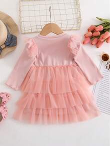 女嬰荷葉邊網紗邊洋裝 - 藕粉色 - 查看 2