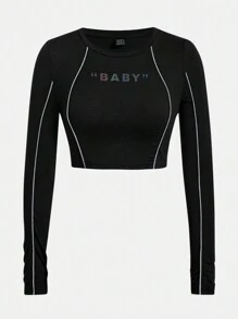 SHEIN EZwear Phản chiếu Contrast Piping Đồ họa Chữ cái Áo phông Crop - màu đen - Xem 1