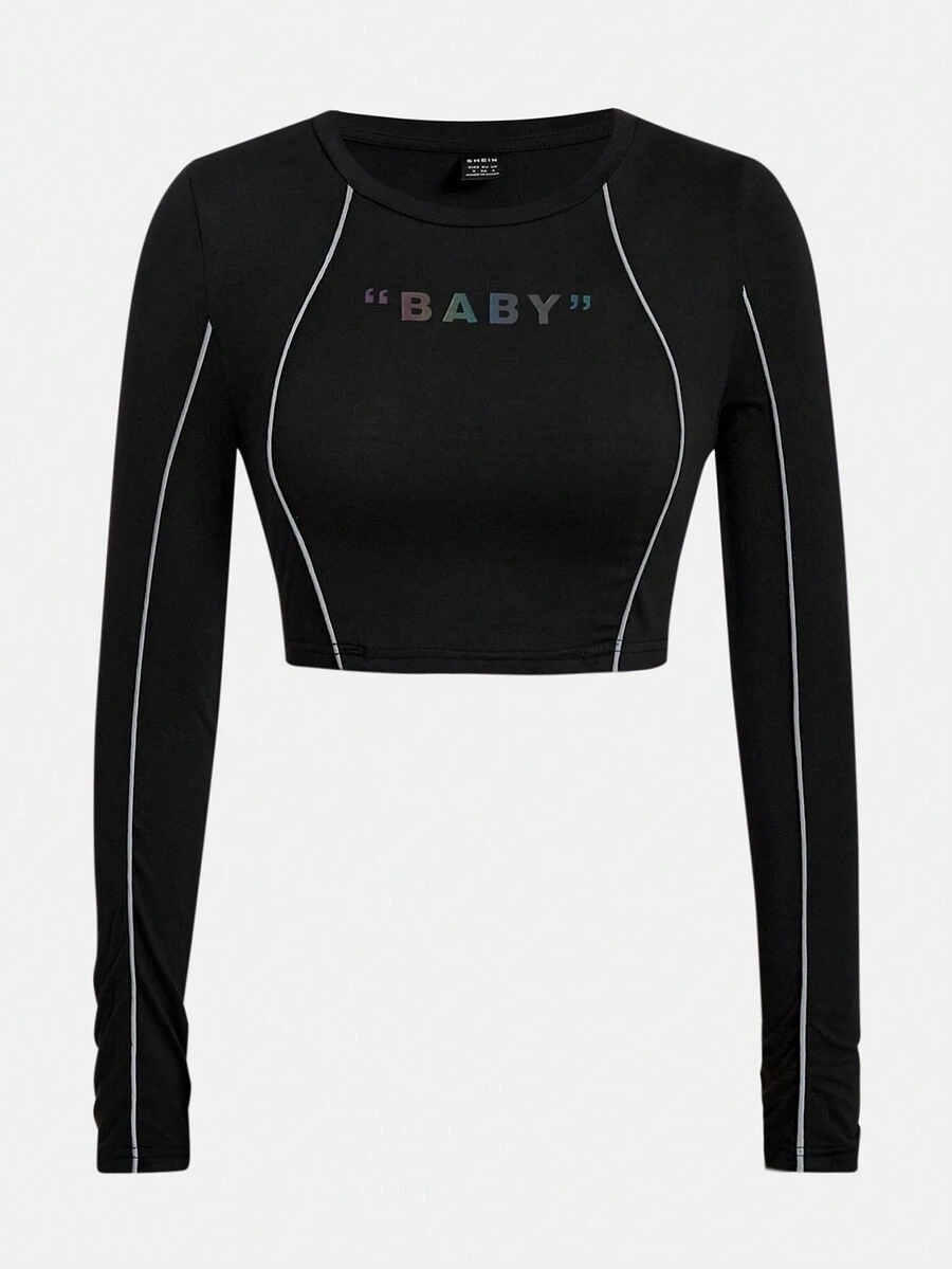 SHEIN EZwear Phản chiếu Contrast Piping Đồ họa Chữ cái Áo phông Crop - màu đen - Xem 1