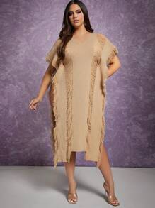Hauture Plus Fringe Trim Sweater Dress - Brown - View 4