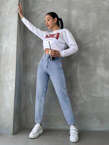 SHEIN Cottnline High Waist Mom Fit Jeans - Baby Blue - View 3