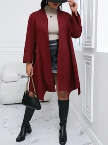 SHEIN Essnce Plus Solid Belted Overcoat - Burgundy - View 4
