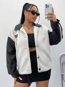 SHEIN EZwear Kích thước lớn Màu sắc Chặn Thả vai Tay áo Áo khoác - Đen và trắng - Xem 8