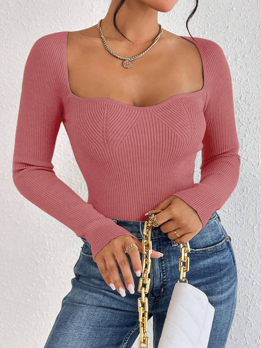 SHEIN Frenchy Của phụ nữ Cổ Trái tim Áo len - Màu Hồng  San hô - Xem 1