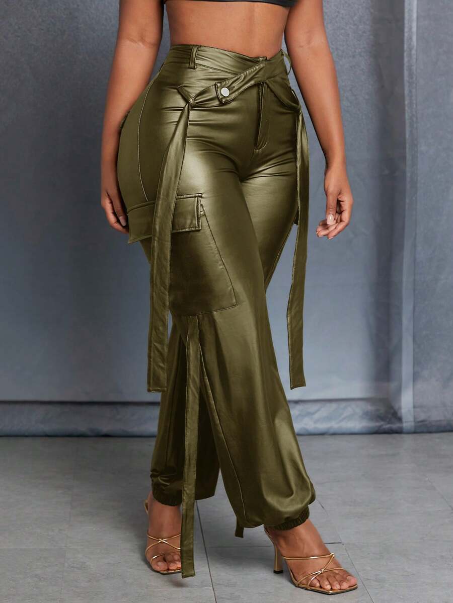 Slaydiva 街頭休閒女士貨袋綠色PU皮革女士緊身褲褲 - 軍綠色 - 查看 1