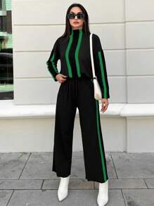 RueChic Ladies' Stripe Stand Collar Drop Shoulder Top And Pants Suit