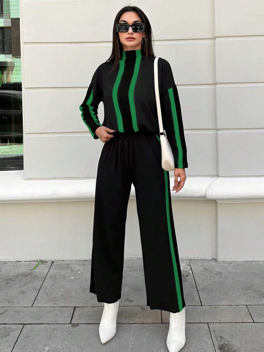 RueChic Ladies' Stripe Stand Collar Drop Shoulder Top And Pants Suit