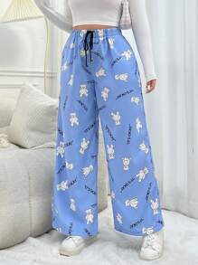 SHEIN EZwear 大碼女士字母和小熊印花束口腰可愛褲子 - 彩色 - 查看 1