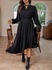 Calvaya Talla grande con perla Decoración de manga farol Vestido con bajo con fruncido - Negro - Ver 7