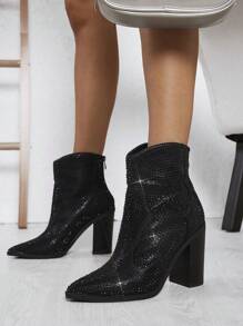 SHUZIA Black Point Toe Back Zipper Velvet Chunky Boots - Black - View 2