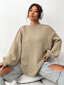 SHEIN Unity 寬鬆休閒百搭毛衣 - 卡其色 - 查看 3