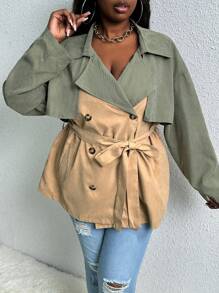 Slaydiva Plus Two Tone Double Breasted Belted Trench Coat - Khaki - View 6