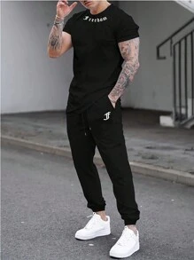 Manfinity LEGND 男士字母印花t恤和褲子兩件套裝 - 黑色 - 查看 1