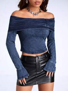 SHEIN ICON 女露肩折牛仔上衣 - 藍色 - 查看 3