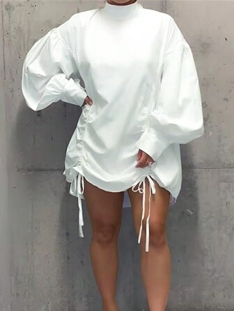 Women's Mandarin Collar Loose Solid Color Lantern Sleeve Side Ruched Dress, Street Fashion