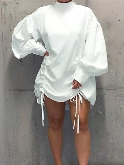 Women's Mandarin Collar Loose Solid Color Lantern Sleeve Side Ruched Dress, Street Fashion