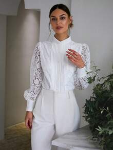 Sollinarry Women's Elegant Commuting Solid Color Lace Patchwork Pleated Long Sleeve Blouse, Autumn - White - View 3