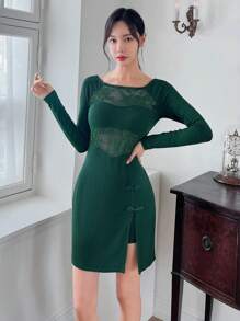 EastFlair Vestido De Encaje De Punto Y De Remiendo De Encaje - Verde militar - Ver 3