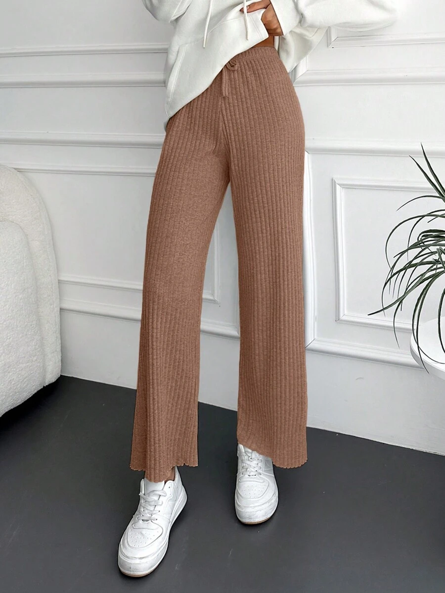 SHEIN Cottnline Women's Tie-waist Ribbed Trousers - Camel - View 1