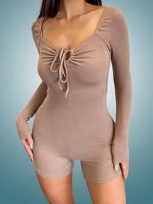 INAWLY Mặt trước dây rút Cổ Trái tim Tay Raglan Quần áo nịt Romper - Màu Khaki - Xem 3