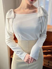 FRIFUL 女士針織肋紋t恤,搭配肩部蝴蝶結細節