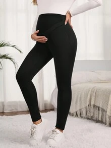SHEIN 孕婦素色可調節腰圍緊身打底褲 - 黑色 - 查看 2